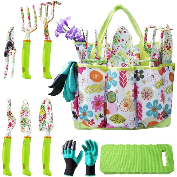 Garden Tool Set,Cute Gardening Gifts for Women,Birthday Gifts for Mom,Heavy Duty Tool Kit with Gloves,Garden Tote,Kneeling Pad,Hand Pruner,Trowel,Hand Rake,Weeder,Fork,Transplanter,Multicolor