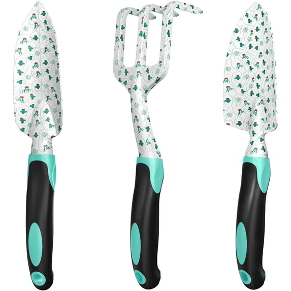 Garden Tool Set with Non-Slip Rubber Handle, 3 Piece Cast-Aluminum Heavy Duty Gardening Kit Includes Hand Trowel, Transplant Trowel and Cultivator Hand Rake, Cactus Pattern Printed