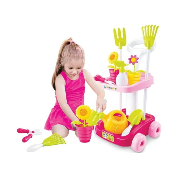 Mundo Toys Pink Garden Tool Set for Kids with Cart, Ages 3+