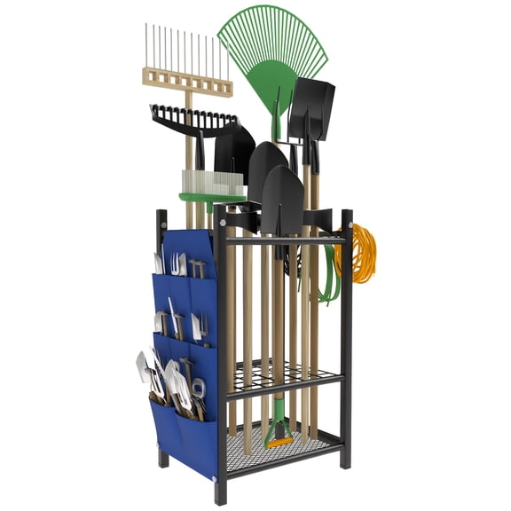 Garden Tool Storage Rack, Heavy-Duty Steel Garden Tool Organizer with 5 Hooks, Suitable for Garage, Broom Rack, Garden Tool Stand, Shed, and Outdoor Use