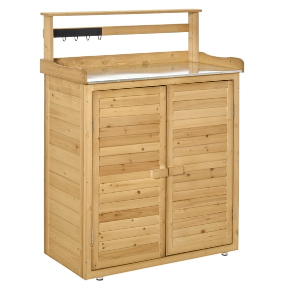 Garden Tool Storage Shed, Outdoor Potting Bench - Fir Wood, 2 Door Backyard Storage Cabinet with Shelves & Work Table