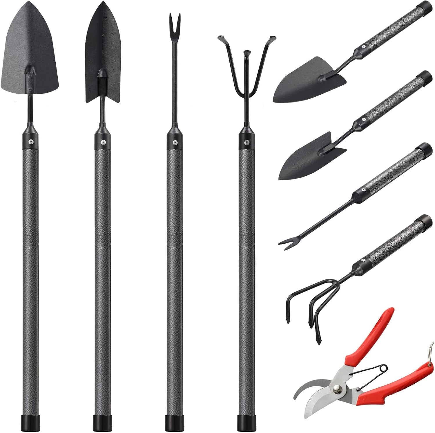 Garden Tool t, 5-Piece Heavy Duty Gardening Tools Kit with Extendable Handle, Metal Trowel, Cultivator, Weeder, Pruner, Back-Saving Grips for Yard Raid Bed, Rust-Proof, Gift Women, Men, Kids