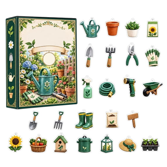 Garden Tools Advent Calendar, 24 Pcs Acrylic Hanging Charms Featuring Watering Can Trowel Wheelbarrow Rain Boots Sunflower, Christmas Tree Decor for Green Thumbs