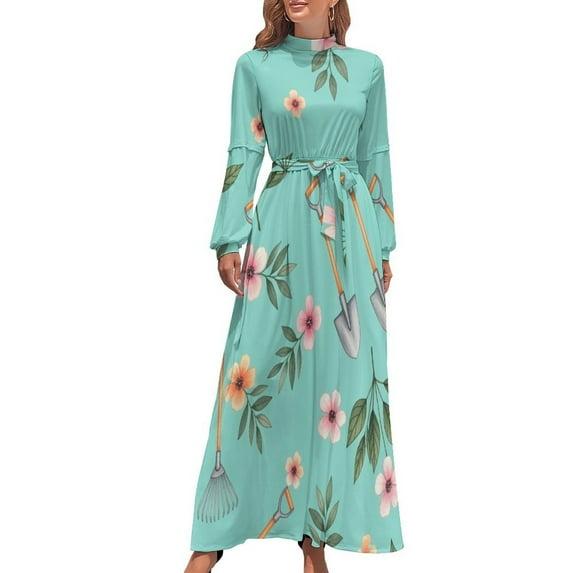 Garden Tools Floral Print Women's Long Dress Long Sleeves Dress Vintage Dresses Party Maxi Dress High Waist Dress