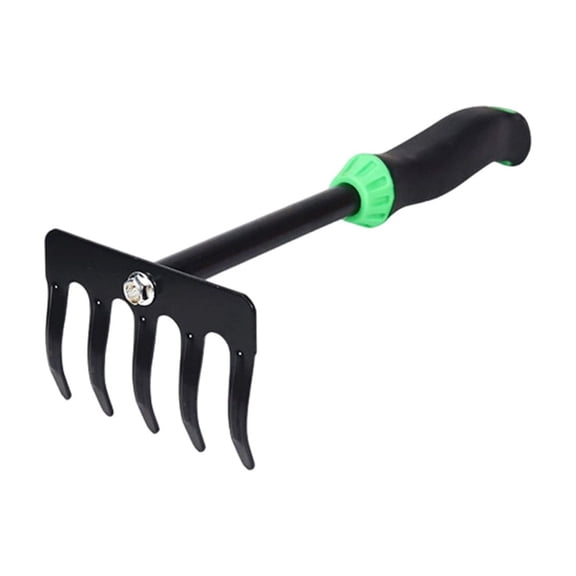 Garden Tools, Heavy Duty Gardening Hand Tools with Rubber Handle, Sturdy Hand Trowel, Hoe and Rake, For Digging, Loosening Soil, Weeding, Cultivating, Green, Five-tine rake