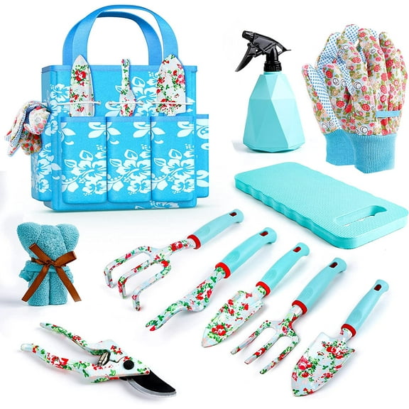 Garden Tools Set, 10 Pieces Gardening Tools with Floral Print, Ergonomic Handle Trowel Rake Weeder Pruner Shears Sprayer, Garden Hand Tools with Carrying Case Gardening Gifts for Women Father