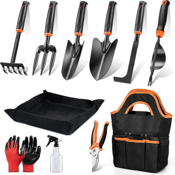 Garden Tools Set, 11 Pcs Gardening Supplies Hand Tool Kit for Women Men Gardeners, Include Tote Bag, Reportting Mat, Transplant Trowel, Rake, Pruner for Outdoors