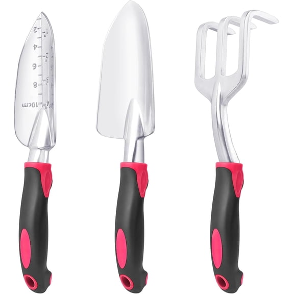 3‑Pack Heavy‑Duty Garden Hand Tool Set, Aluminum Alloy Gardening Kit with Trowel, Depth‑Marked Transplant Trowel & Hand Rake, Ergonomic Non‑Slip Handle for Digging Weeding Planting