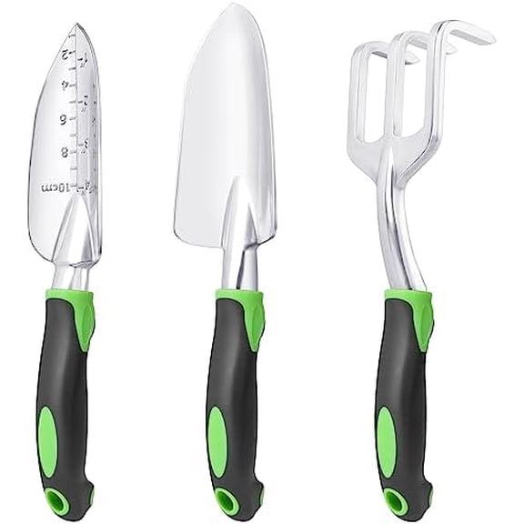 Garden Tools Set, 3 Pack Heavy Duty Gardening Tools Set Include Garden Shovel, Transplant Trowel and Hand Rake with Ergonomic Non-Slip Handle, Aluminum Alloy Lawn and Garden Hand Tools for Planting
