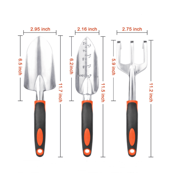 Garden Tools Set, 3 Pack Heavy Duty Gardening Tools Set Include Garden Shovel, Transplant Trowel and Hand Rake with Handle, Aluminum Alloy Lawn for Planting, Orange
