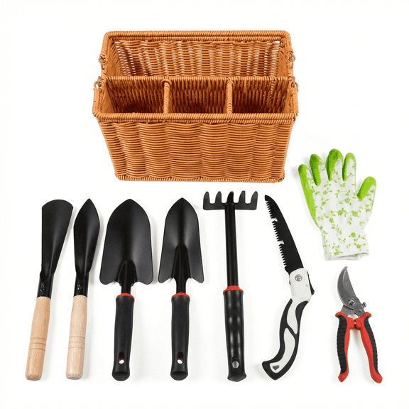 Garden Tools Set with Basket, Heavy Duty Stainless Steel Gardening Hand Tool with, Pruning Shears, Gloves - Perfect Gardening Gifts Planting Supplies for Women Men (9, Brown)