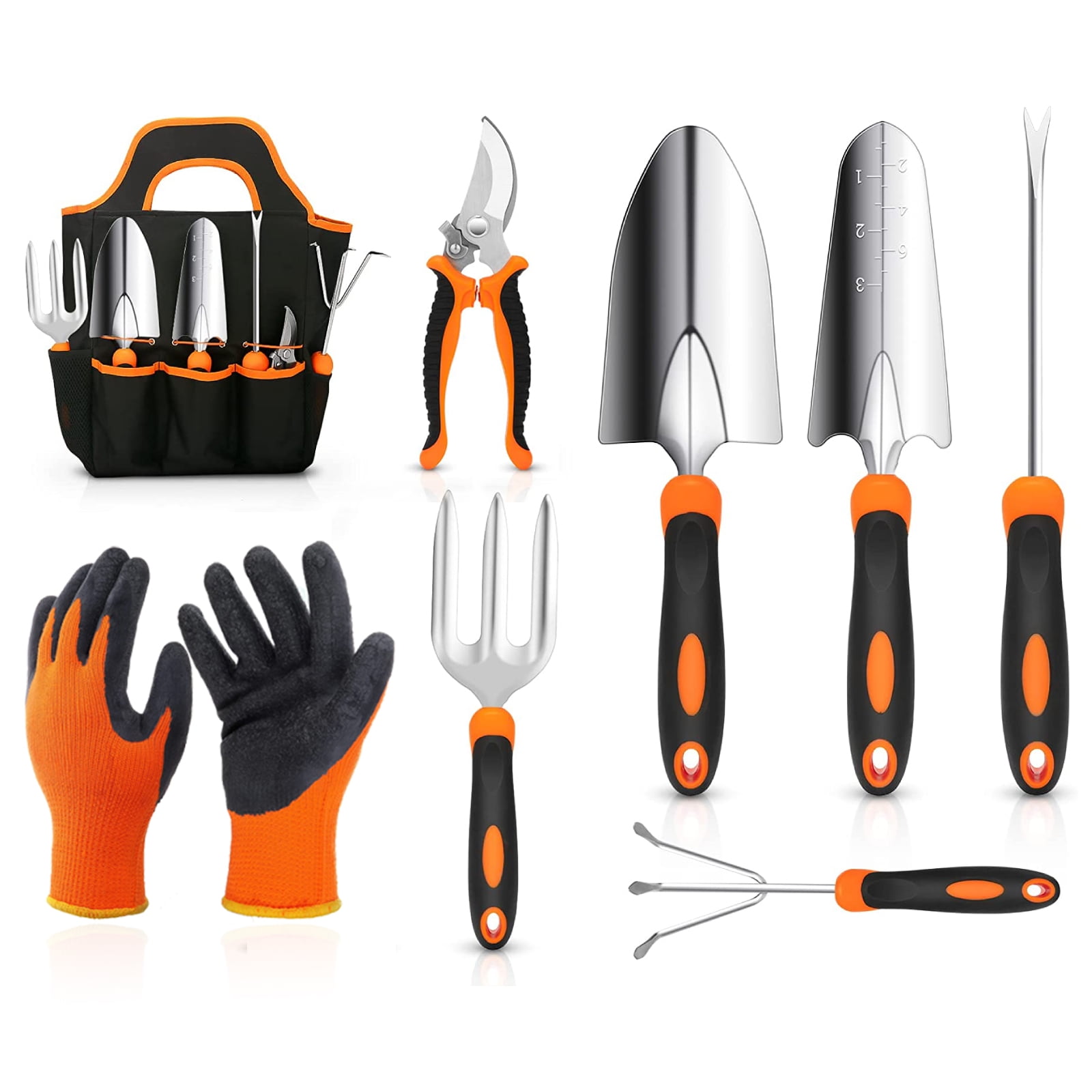 Garden Tools Set, CoPedvic 9 Pcs Stainless Steel Garden Accessories with Tool Bag for Men Women, Black/Orange