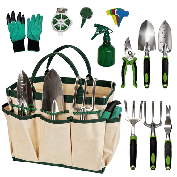 12 Piece Garden Tool Set, Heavy Duty Stainless Steel Gardening Tools with Ergonomic Handles, Canvas Tote Bag & Gloves for Planting, Pruning, Weeding, Garden Gifts Supplies