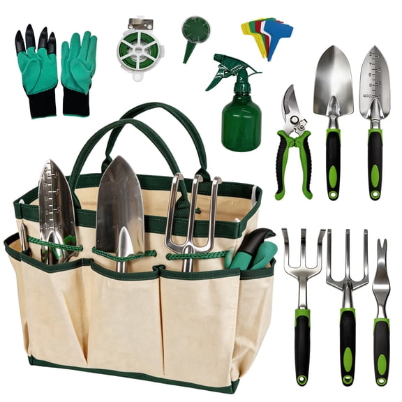 12 Piece Garden Tool Set, Heavy Duty Stainless Steel Gardening Tools with Ergonomic Handles, Canvas Tote Bag & Gloves for Planting, Pruning, Weeding, Garden Gifts Supplies