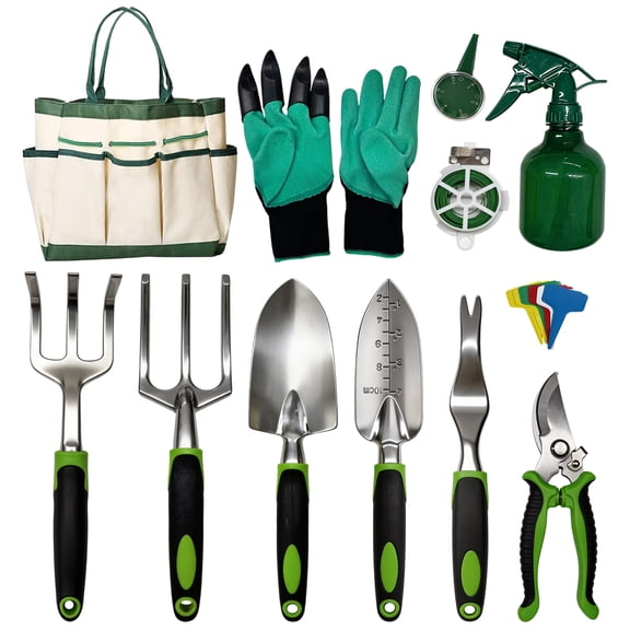Gardening Tools Set, Stainless Steel Garden Hand Tool Kit with Storage Tote Bag, Complete Planting Gardening Supplies for Weeding, Digging, Transplanting & Pruning