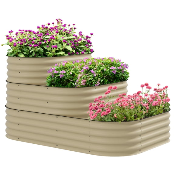 Garden Trellis, 3-Tier Galvanized Steel Raised Garden Bed Kit, 62.25" x 43" x 32.25", 3 Combining Planter Boxes with Rubber Strip Edging, Open Bottom for Backyard, Garden, Patio, Cream White