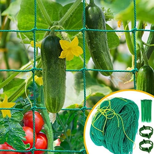 Garden Trellis Netting for Climbing Plants Outdoor, 6.6x8.2 FT Plant Netting for Cucumber, Tomato, 27 Strands Trellis Net with 4x4 Inch Mesh as Vegetable Netting for Grape, Bean, w/Plant Clips