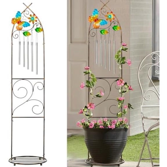 Garden Trellis with Plant Stands, 48” Metal Detachable Butterfly Plant Pot Trellis with Wind Chimes for Climbing Plants Outdoor Lawn Patio Porches Decor