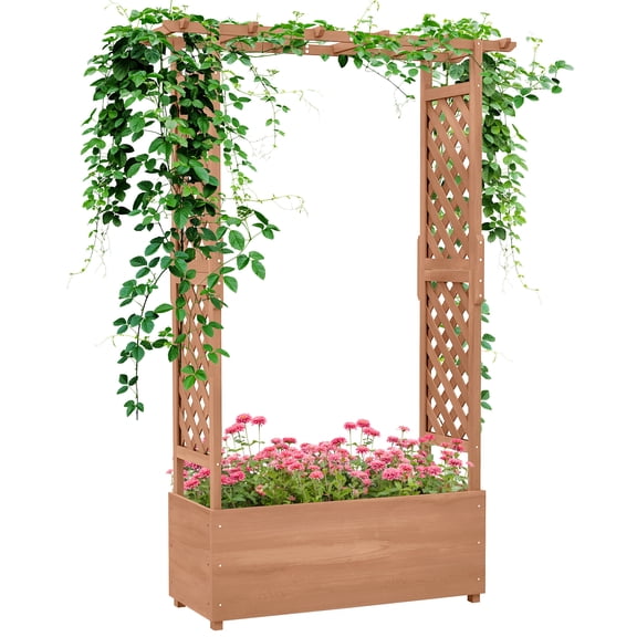 Garden Trellis, Raised Garden Bed with Arch Trellis for Vine Climbing Plants, Hanging Flowers, 70.75" Tall Outdoor Wood Planter Box with Drainage Hole & Fabric Filter for Backyard, Patio, Brown