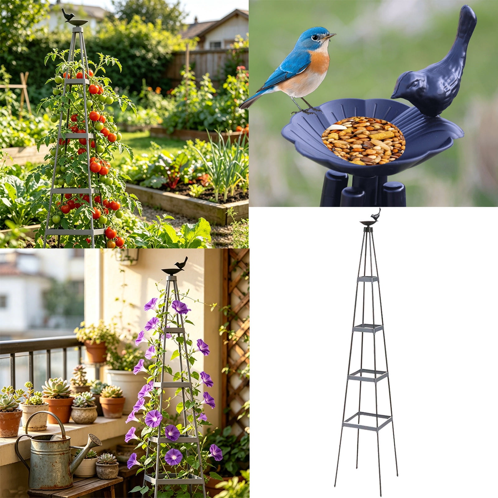 Garden Trellis with Small Bird Feeder, Climbing Plant Stand for Outdoor – Assembly Flower Rack for Potted Plants, Vegetables, Vines – Black Trellis for Balcony or Yard by IHHXPRO (Style D,1 Pack )