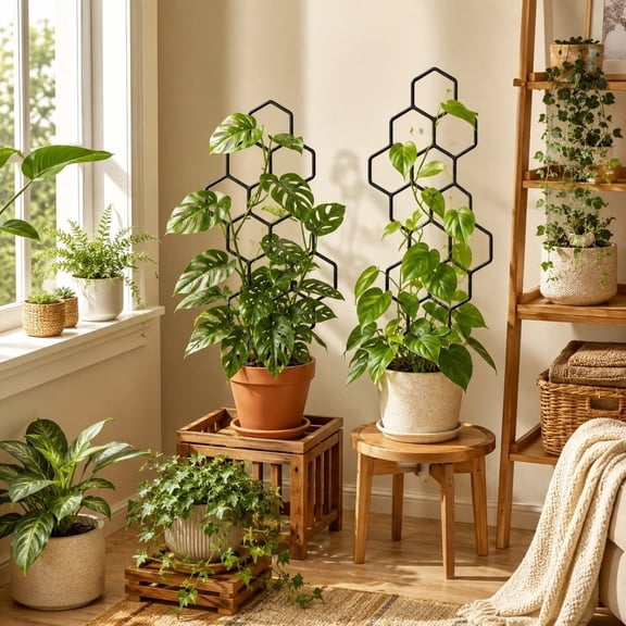 Garden Trellis Support Pole, Leaf Design Climbing Frame, Outdoor Potted Flower Stake for Courtyard, Metal Trellis for Roses & Ivy, Vertical Garden Support for Vines