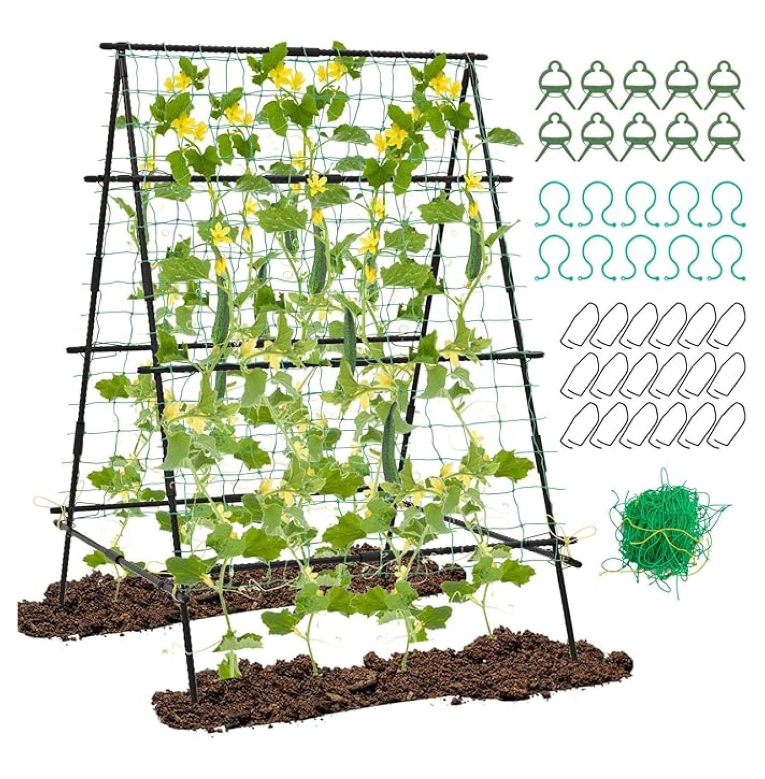 Garden Trellis for Climbing Plants Outdoor, A-Frame Plant Trellis with Netting, Heavy Duty Metal Poles, Plant Clips for Vines, Vegetables, Flowers