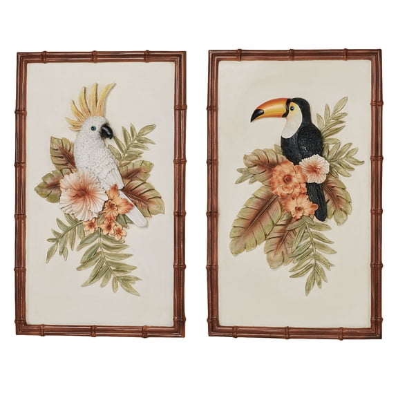 Garden Tropics Cockatoo and Toucan Tropical Bird Palm Leaf Wall Plaques Set of Two