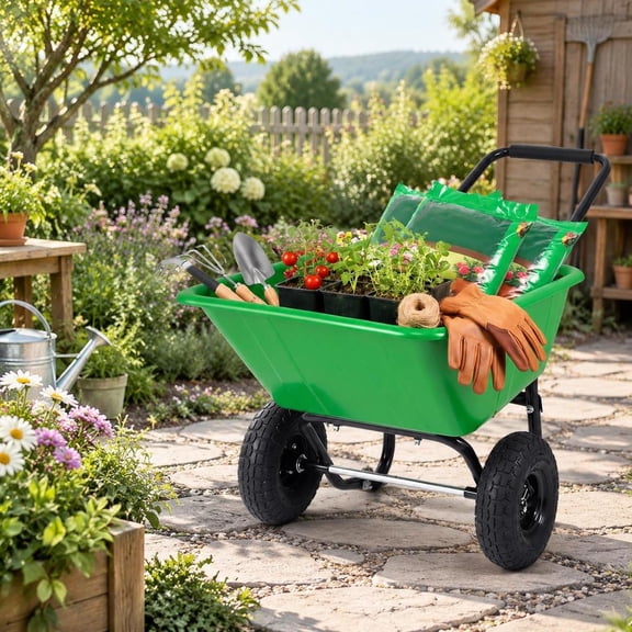 Garden Utility Cart Wheelbarrow, with dual wheels, pneumatic tires, 21 gallon PP bin, 330 lbs capacity, light green