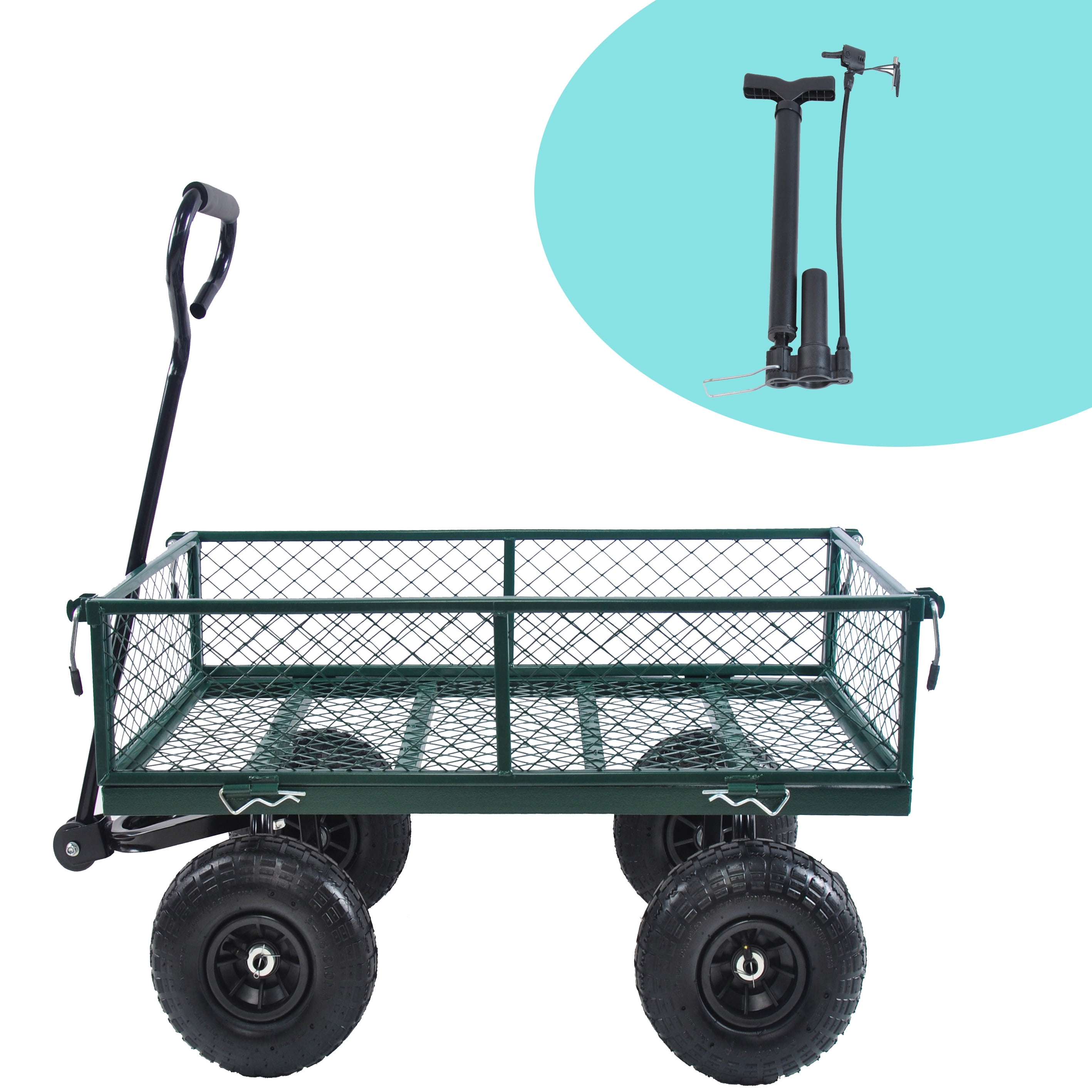 Garden Wagon Cart, 550lbs Heavy-Duty Utility Cart with 10" Pneumatic Tires, Removable Sides & 180° Steering Handle, Foldable Firewood Cart for Yard, Green