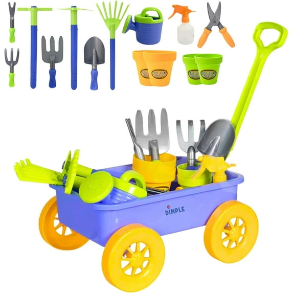 Dimple 15-Piece Garden Wagon and Tools Toy Set with Pots, Watering Pail and Spray Bottle