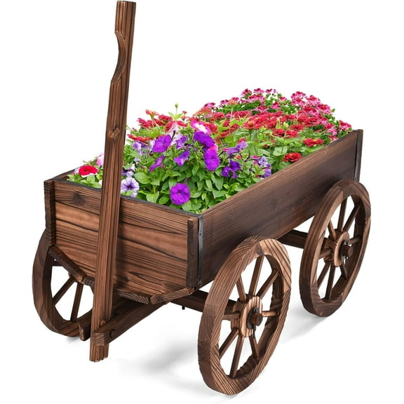 Garden Wagon with Wheels, Rustic Wooden Flower Cart w/Ventilation & Rotating Handle, Wheelbarrow Planter Flower Bed Decorations for Balcony, Patio, Garden, Outdoor Greenery