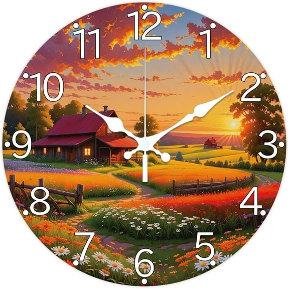 Garden Wall Clock 12 Inch Farm Clock Battery Operated Silent Non Ticking Sunset Round Decorative Clock for Home Office Decoration Colorful DIY