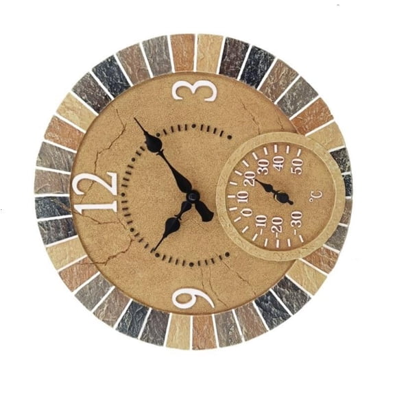 Garden Wall Clock with Lower Temperature Scale, Stone Look Clock for Yard Porch Exterior Use with Large Numeral Face