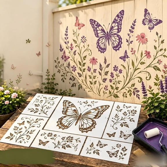 Garden Wall Stencil – Reusable DIY Kit for Walls, Fences & Patios, DIY Floral Nature Painting Stencil Kit Butterfly Hummingbird Bee Floral Nature Pattern, Outdoor Home Decor Craft Gift(B)