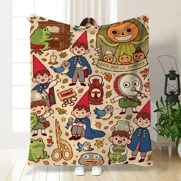 Over the Garden Wall Wirt & Greg Flannel Throw Blanket, Cute Autumn Dark Fantasy Cartoon Blanket, Beatrice Frog Pumpkin Fall Fleece Blanket, Cozy Fan Gift for Couch Bed Bedroom, Soft Blanket Throw