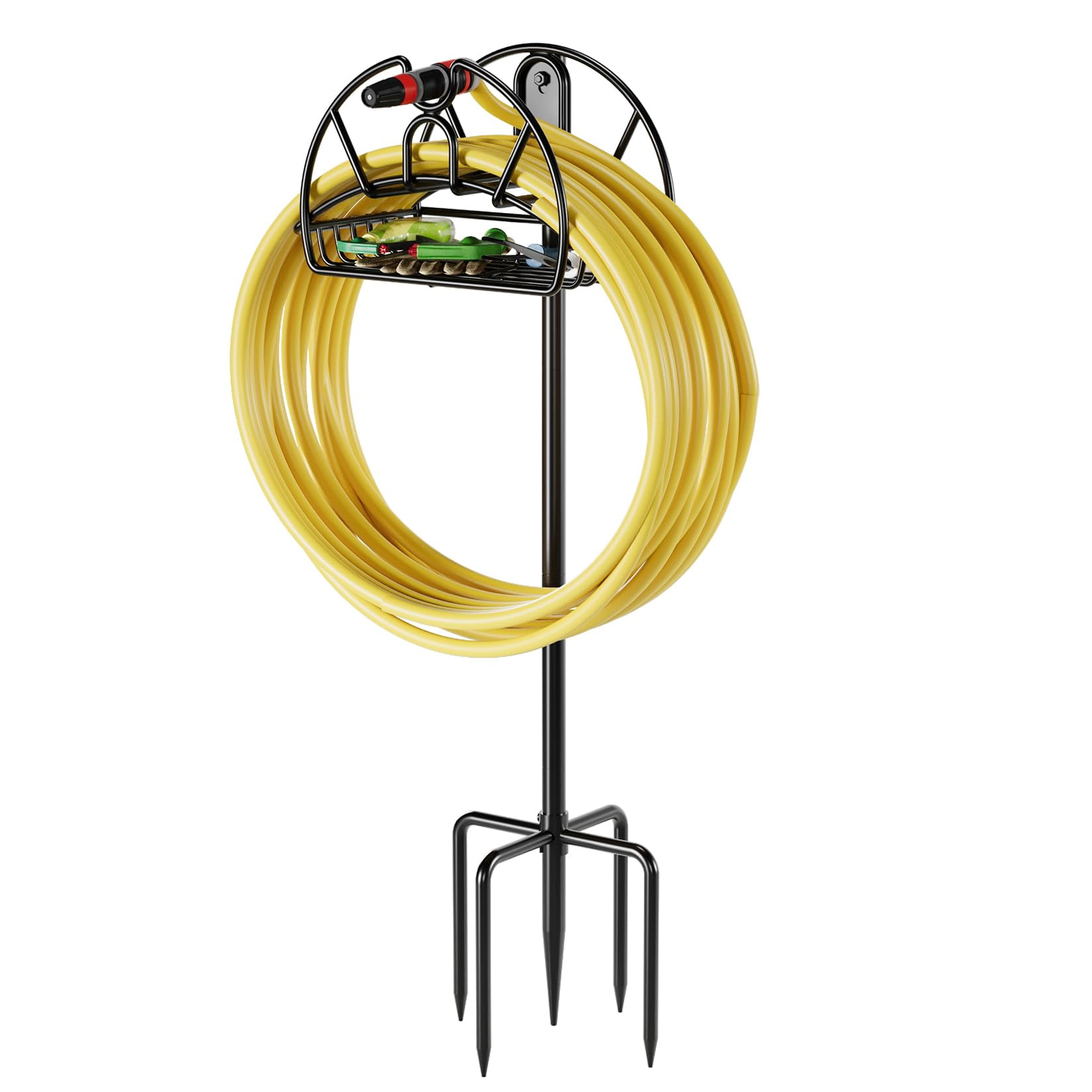Black Heavy Duty Freestanding Garden Hose Holder with 5 Spikes