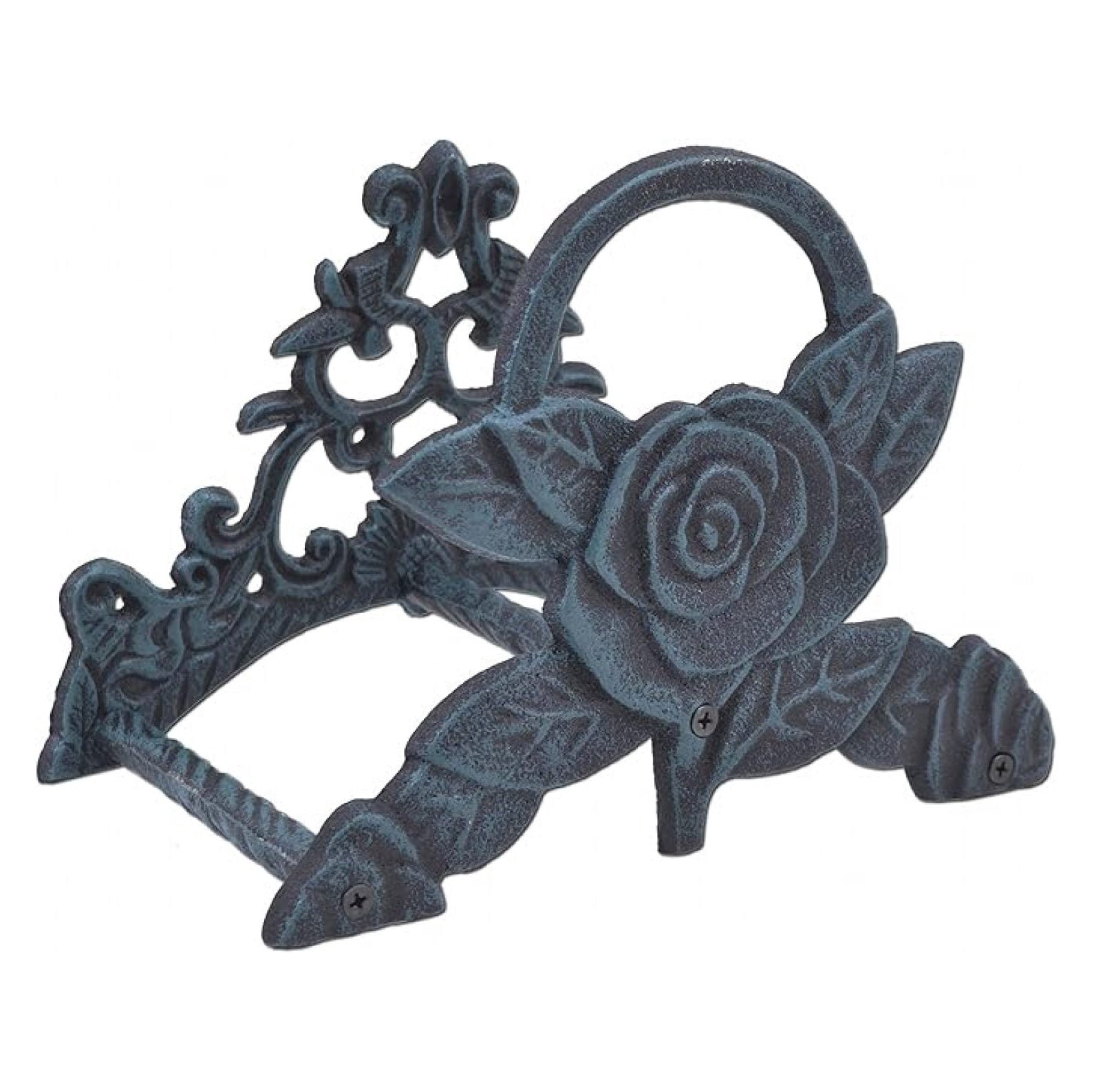 Garden Water Hose Holder Rose Flower Verdigris Cast Iron Hanger Reel 9.5" Wide