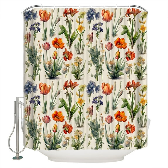Garden Watercolor Blossom Flower Shower Curtain for Bathroom, Floral with Botanical Leaves Waterproof Shower Curtains Washable Quick Dry with Hooks Bathtub Curtains 36x72 IN