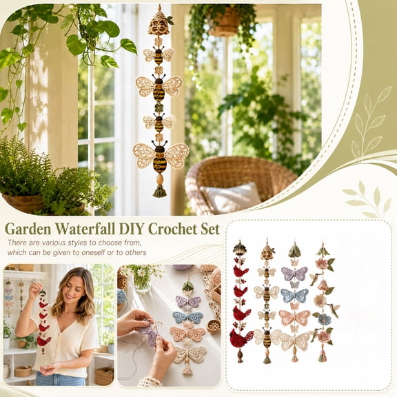 Garden Waterfall Hanging Ornament Crochet DIY Kit for Beginners, Butterfly Bee Floral Macrame Style Crocheting Set with Yarn Hook Instruction, Handmade Wall Hanging Tassel Decor Craft Supplies