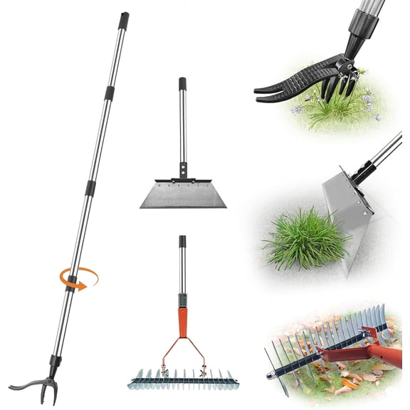 Garden Weed pullerToo,Heavy Duty 12" Multi Flat ShovelScraper, 14" Steel Thatch Rake with Adjustable Long Handle forLeaf & Moss& Edging & Ice & Snow Removal in Lawn, DrivewaysPatios, Cracks