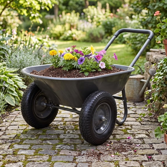 Garden Wheelbarrow Cart with Built-in Stand, 2-Wheel 600 lb Capacity Utility Wagon for Yard Work, Planting & Outdoor Transport, Gray