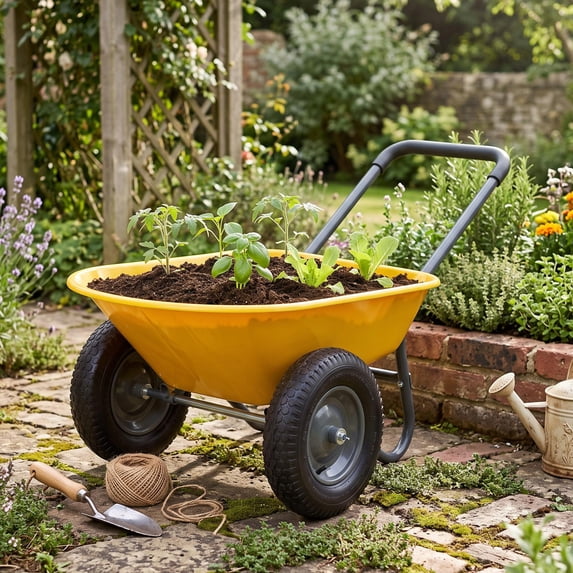 Garden Wheelbarrow Cart with Built-in Stand, 2-Wheel 600 lb Capacity Utility Wagon for Yard Work, Planting & Outdoor Transport, Yellow