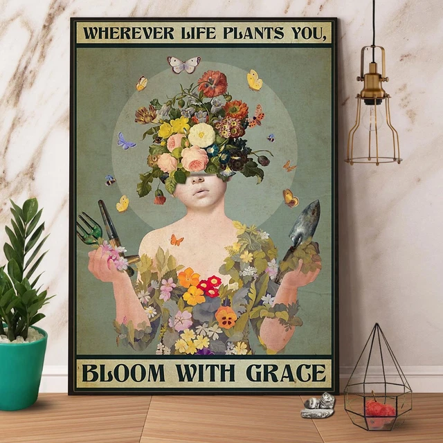 Targa In Metallo Vintage 20x30 Cm Con Scritta Ispirazionale "Wherever Life Plants You Bloom With Grace" - Decorazione Per Parete