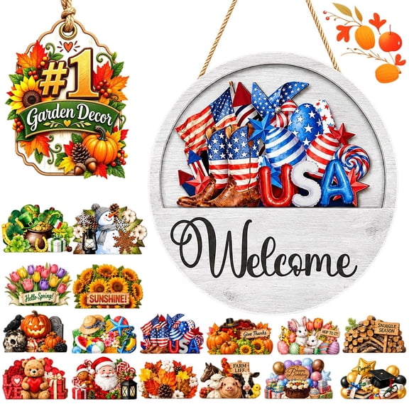 Garden Whimsy Welcome Sign Interchangeable Front Door Seasonal Decor
