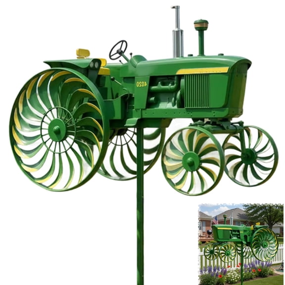Garden Wind Spinner, Green Tractor Windmill Stake with Rotating Wheels, Outdoor Sculpture Ornament for Patio, Yard & Garden, Unique Gift for Friends & Family(RL Green 1 PC)