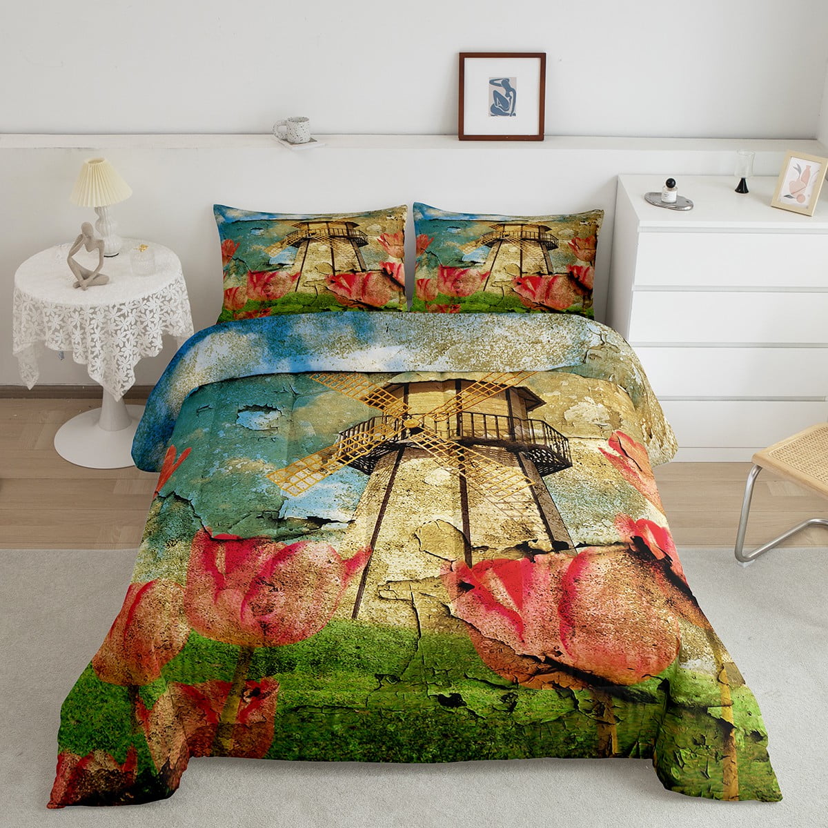 Garden Windmill Bedding Comforter Sets Queen Size,Retro Rustic