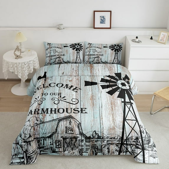 Garden Windmill Bedding Set Rustic Retro Farm House Quilt,Country Vintage Barn Door Comforter Set Queen,Cottage Lodge Cabin Duvet Insert Winnower Wooden Plank Farmhouse Decor