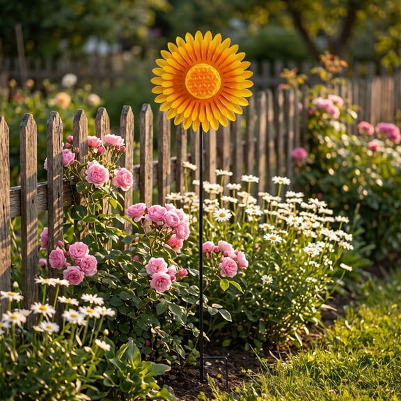 Garden Windmill Decor, Outdoor Metal Sunflower Rotating Wind Spinner for Yard Lawn Garden Decoration, Decorative Ground Stake Ornament for Patio Flower Bed Landscape and Backyard Accent