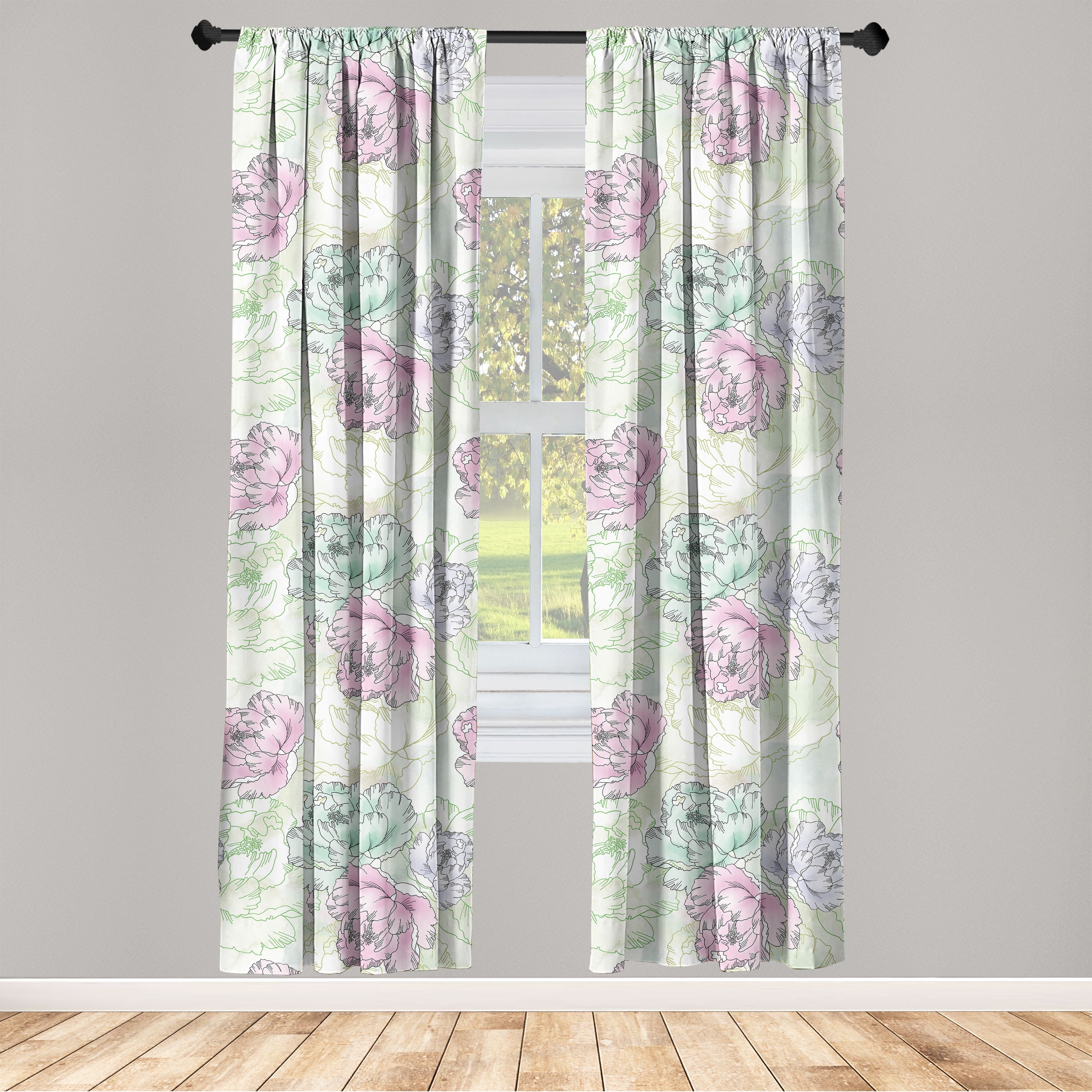 Garden Window Curtains, Simplistic Peony Flowers Leaves Illustration in