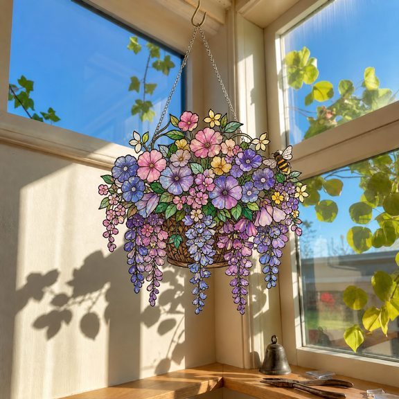 Garden Window Decor Acrylic Suncatcher, Purple Wisteria Flower Window Hanging